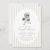 Invitation Blue Teddy bear First Down Football First Birthday (Devant)
