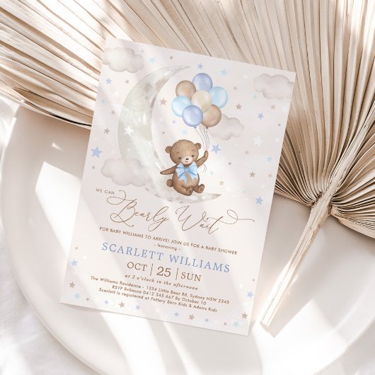 Invitation Blue Teddy Bear on Moon with Balloons Baby Shower