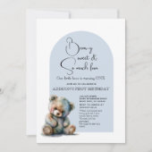 Invitation Blue Teddy Bear Thème Aquarelle Premier anniversai (Devant)
