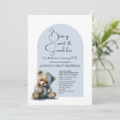 Invitation Blue Teddy Bear Thème Aquarelle Premier anniversai (Debout devant)