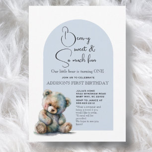Invitation Blue Teddy Bear Thème Aquarelle Premier anniversai
