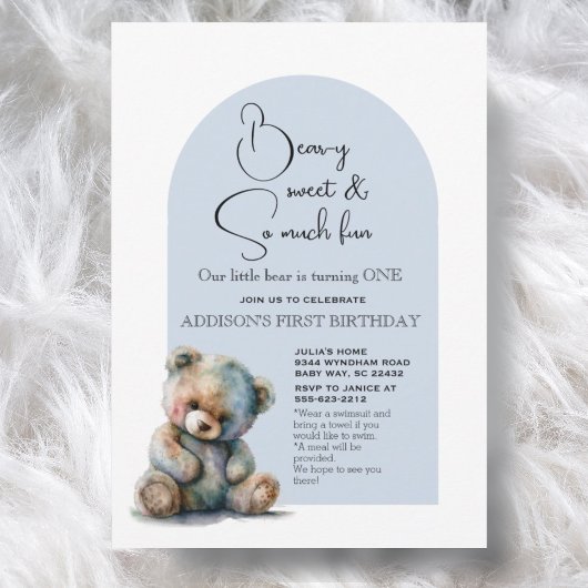 Invitation Blue Teddy Bear Thème Aquarelle Premier anniversai
