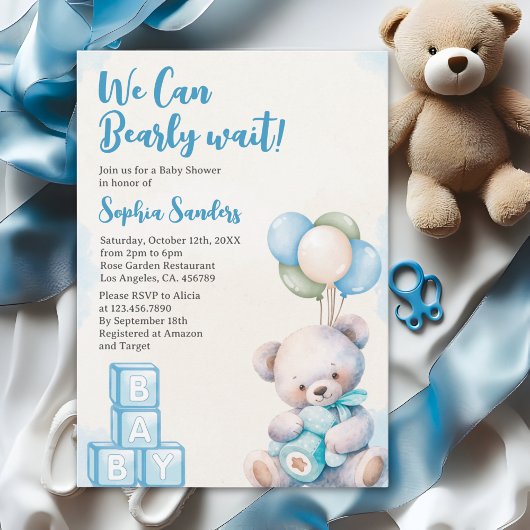 Invitation Blue Teddy Bear "We Can Bearly Wait" Baby Shower