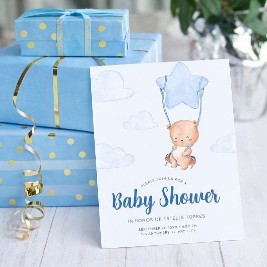 Invitation Blue Teddy Bear with Star Balloon Boy Baby Shower