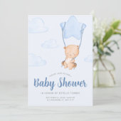 Invitation Blue Teddy Bear with Star Balloon Boy Baby Shower (Debout devant)