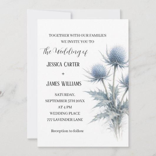 Invitation Blue Thistle Scottish Scotland Simple Wedding (Devant)