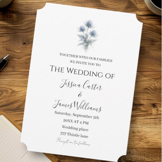 Invitation Blue Thistle Scottish Scotland Simple Wedding