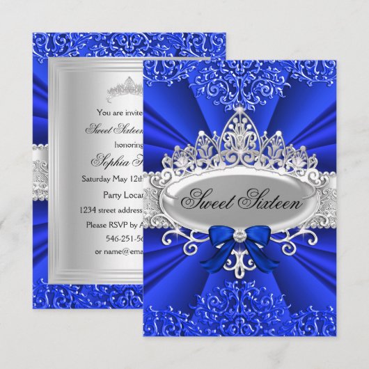 Invitation Blue Tiara & Damask Sweet sixteen Party (Devant / Derrière)