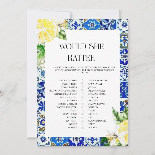 Invitation Blue Tile Lemon Bridal Shower  game (Devant)