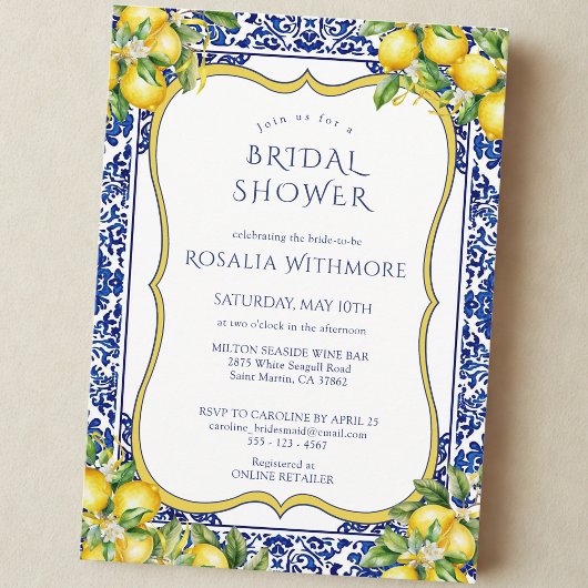 Invitation Blue Tile Lemon Mediterranean Bridal Shower