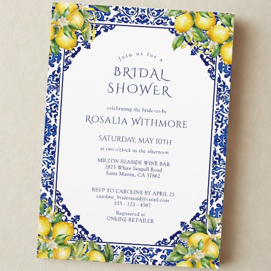 Invitation Blue Tile Lemon Mediterranean Bridal Shower