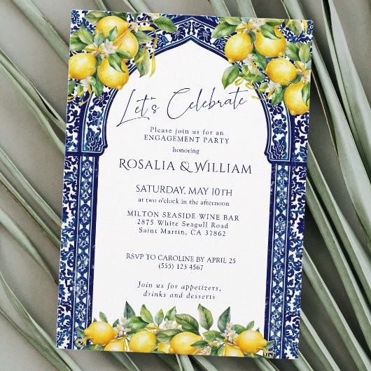 Invitation Blue Tile Lemon Mediterranean Engagement Party