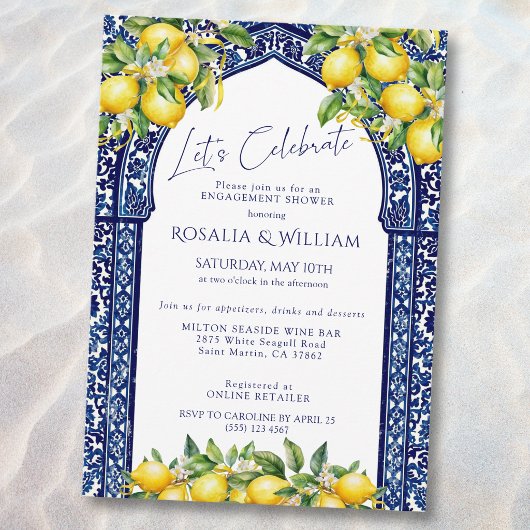 Invitation Blue Tile Lemon Mediterranean Engagement Shower