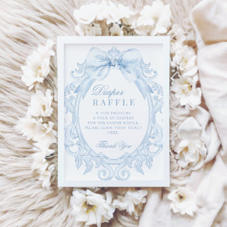 Invitation Blue Toile Bow Baby Boy Shower Diaper Raffle Sign