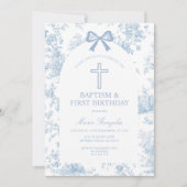 Invitation Blue Toile de Jouy Baptism & First Birthday Bow (Devant)