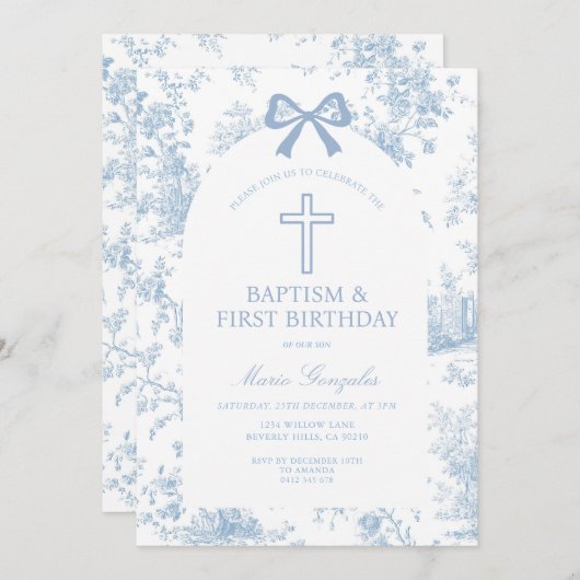 Invitation Blue Toile de Jouy Baptism & First Birthday Bow (Devant / Derrière)
