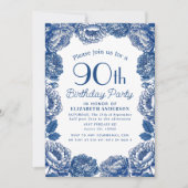 Invitation Blue Toile De Jouy Floral 90e Anniversaire (Devant)