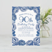 Invitation Blue Toile De Jouy Floral 90e Anniversaire (Debout devant)