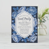 Invitation Blue Toile De Jouy Peony Classy Graduation Party (Debout devant)