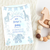 Invitation Blue Toile Jungle Animals Kids Birthday