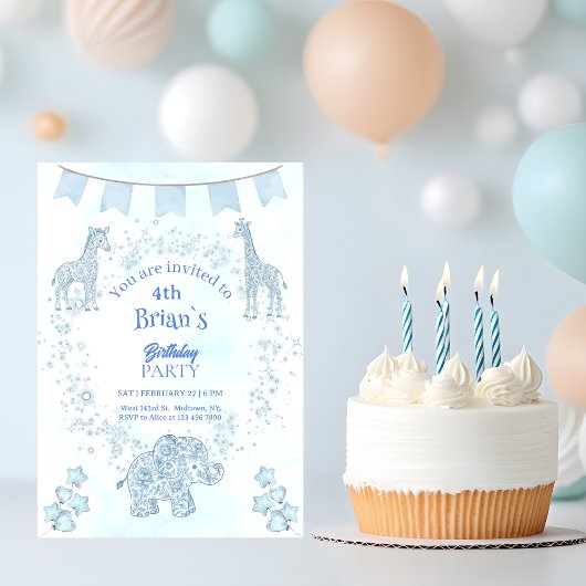 Invitation Blue Toile Jungle Animals Kids Birthday