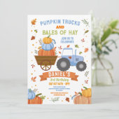 Invitation Blue Tracteurs Citrouille Anniversaire de récolte (Debout devant)