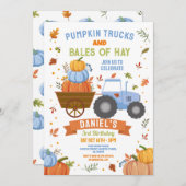 Invitation Blue Tracteurs Citrouille Anniversaire de récolte (Devant / Derrière)