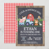 Invitation Blue Tractor Chalkboard Wood Farm Anniversaire (Devant / Derrière)