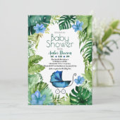 Invitation Blue Tropical Jungle Carriage for Boys Baby shower (Debout devant)
