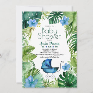 Invitation Blue Tropical Jungle Carriage for Boys Baby shower