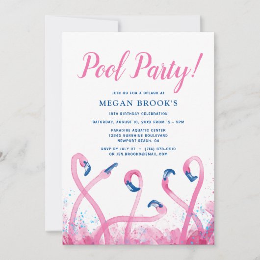 Invitation Blue Tropical Pink Flamant rose 18ème Piscine Anni (Devant)