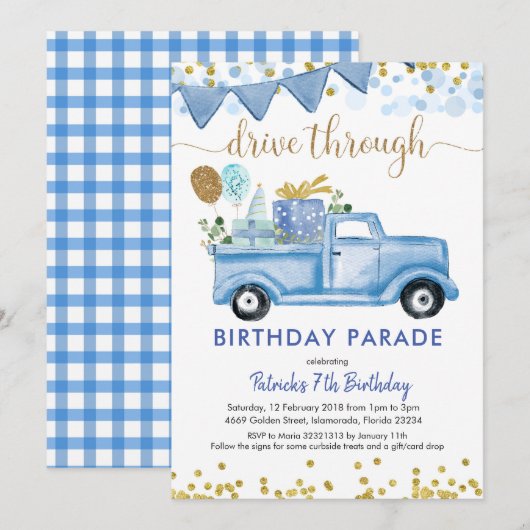 Invitation Blue Truck Boy Drive par Birthday Parade (Devant / Derrière)
