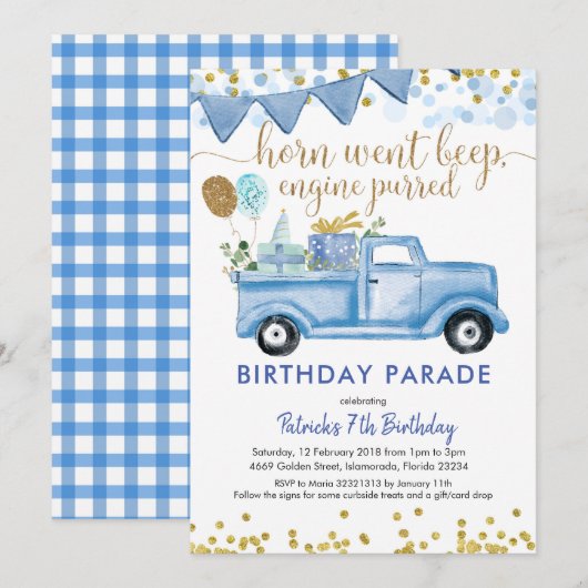 Invitation Blue Truck Boy Drive par Birthday Parade Invitatio (Devant / Derrière)