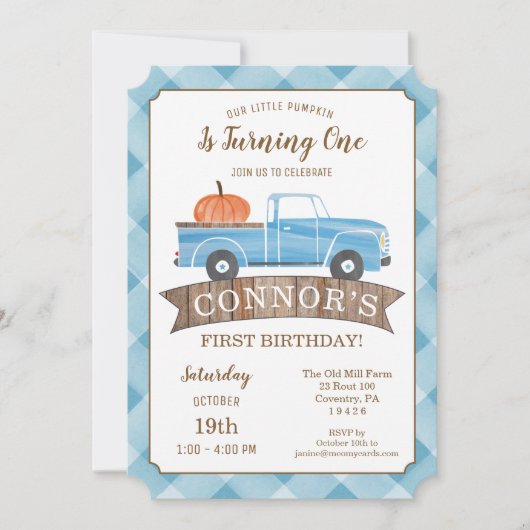 Invitation Blue Truck CITROUILLE Anniversaire Automne 1er Ann (Devant)
