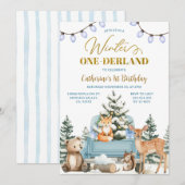 Invitation Blue Truck Winter One-derland Animals 1st Birthday (Devant / Derrière)