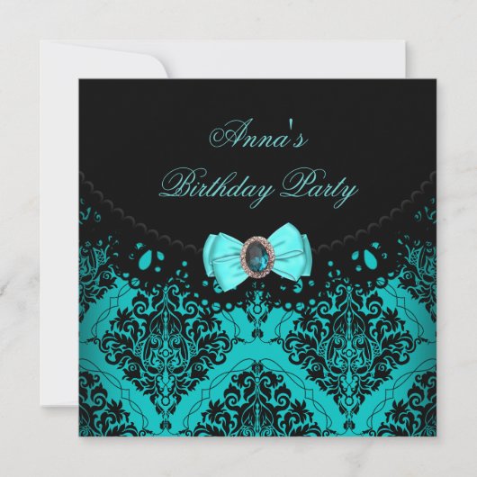Invitation Blue Turquoise Damask Lace Élégante fête d'anniver (Devant)