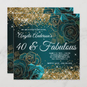 Invitation Blue Turquoise Floral Gold Parties scintillant Gla (Devant / Derrière)