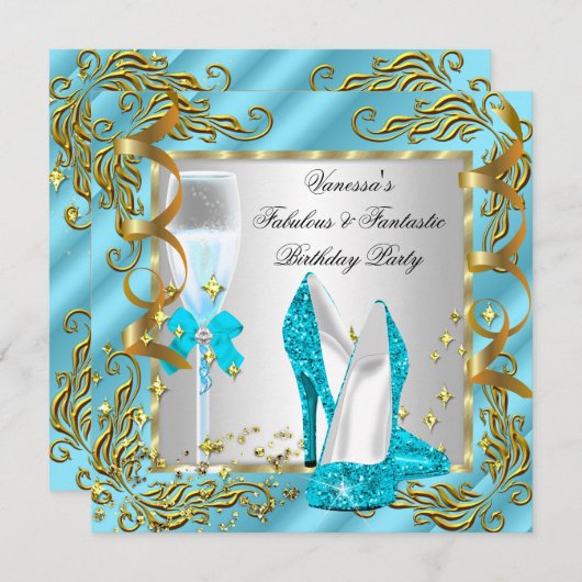 Invitation Blue Turquoise Gold Silver Fête d'anniversaire des (Devant / Derrière)