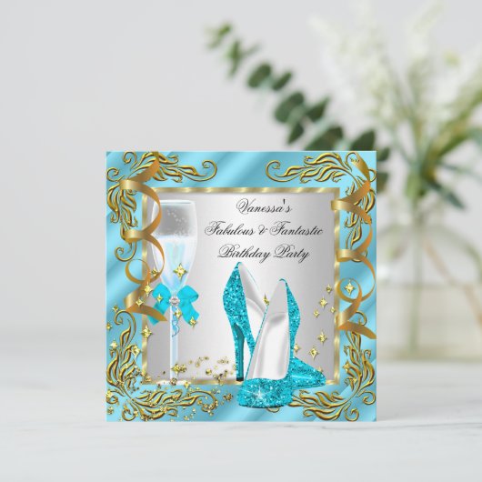 Invitation Blue Turquoise Gold Silver Fête d'anniversaire des (Debout devant)