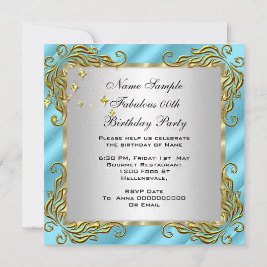 Invitation Blue Turquoise Gold Silver Fête d'anniversaire des (Dos)