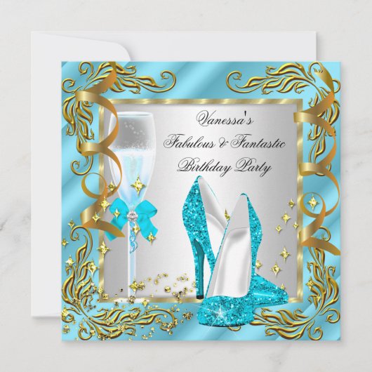 Invitation Blue Turquoise Gold Silver Fête d'anniversaire des (Devant)