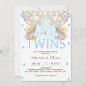 Invitation Blue Twin Boys Bear Balloons Baby shower (Devant)
