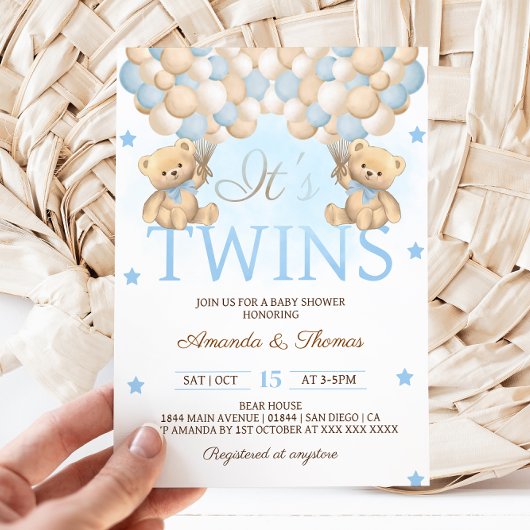 Invitation Blue Twin Boys Bear Balloons Baby shower