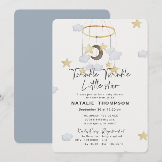 Invitation Blue Twinkle Little Star Boy Baby shower (Devant / Derrière)