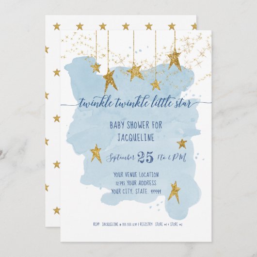 Invitation Blue Twinkle Little Star Gold Boy Baby shower (Devant / Derrière)