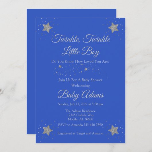 Invitation Blue Twinkle Twinkle Little Boy Baby shower Invit (Devant / Derrière)