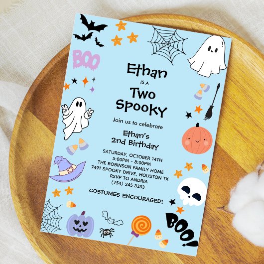 Invitation Blue Two Éffrayant Cute Ghost Halloween 2e anniver