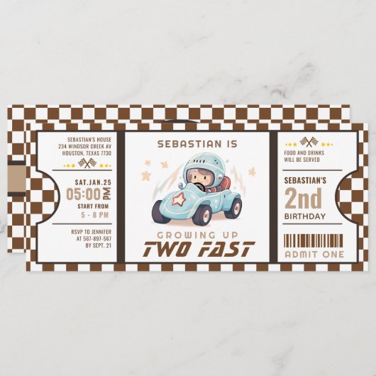 Invitation Blue Two Fast Race Car Billet Pass Deuxième Annive (Devant / Derrière)