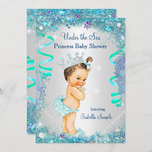 Invitation Blue Under the Sea Princess Baby shower Brunette