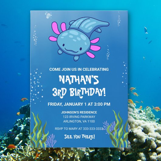 Invitation Blue Underwater Axolotl Enfants Garçons Amusants A